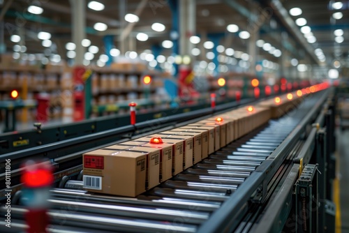 conveyor belt in a distribution warehouse with row of cardboard box packages for e-commerce