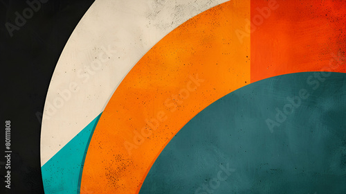 Poster design copy space with an orange, teal, and white retro grainy, vibrant colour gradient on a black background.