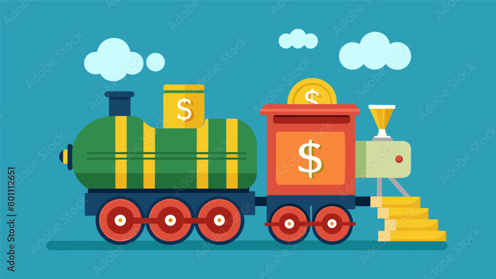 A clockwork train carrying bags of money and depositing them into a savings account labeled savings express. A clockwork train carrying bags of money and depositing them into a savings account labeled savings express.