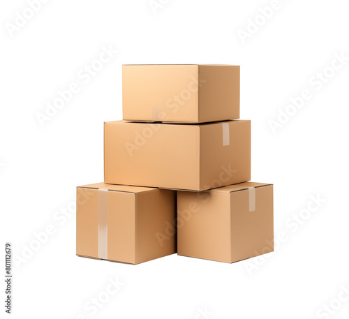 stacked cardboard boxes on a plain transparent background, symbolizing logistics and packaging. Generative AI