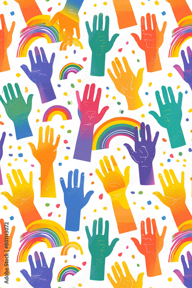 Fototapeta premium A colorful pattern of hands and rainbows
