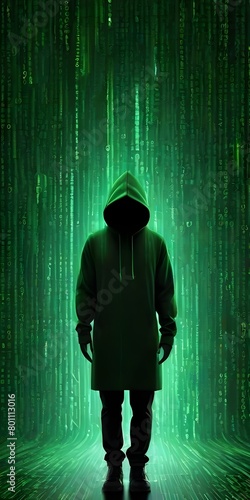 Matrix Hacker Background with a Side View of a Male Operative Wearing the Anonymous Mask