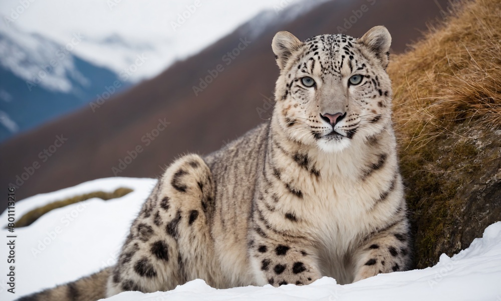 a beautiful snow leopard in the snowy mountains a beautiful snow leopard in the snowy mountains