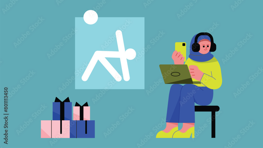 Stylish young woman working on laptop computer and showing mobile phone. Trendy girl using digital device. Flat vector illustration isolated on white background Stylish young woman working on laptop computer and showing mobile phone. Trendy girl using digital device. Flat vector illustration isolated on white background