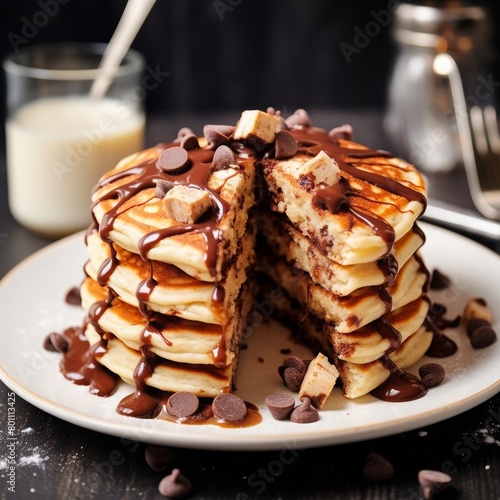 delicious fluffy chocolate chip pancakes with the topping of chocolate chip on a plate with a slice cut out