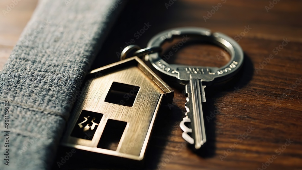 Extreme close-up of a house key with silver house shaped keychain on wooden background with copy space. and simple key chain and gold key Extreme close-up of a house key with silver house shaped keychain on wooden background with copy space. and simple key chain and gold key