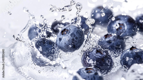 Ripe blueberry in a splash of water close-up, dynamic image