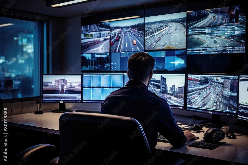 A man is seated at a desk in front of several monitors, engaged in monitoring and analyzing data for security purposes. Generative AI A man is seated at a desk in front of several monitors, engaged in monitoring and analyzing data for security purposes. Generative AI