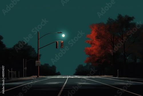A street light shining brightly above a road adjacent to a lush forest, providing visibility and safety for passing vehicles. Generative AI photo