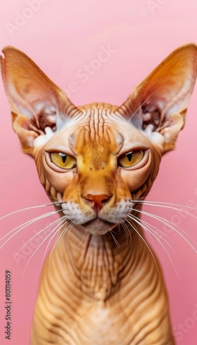 Elegant minimalist portrait of an egyptian sphynx cat against a soft pink background
