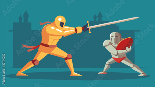 A medieval knight donned in full armor using a long sword to defend himself against a barrage of attacks from a professional boxer showcasing