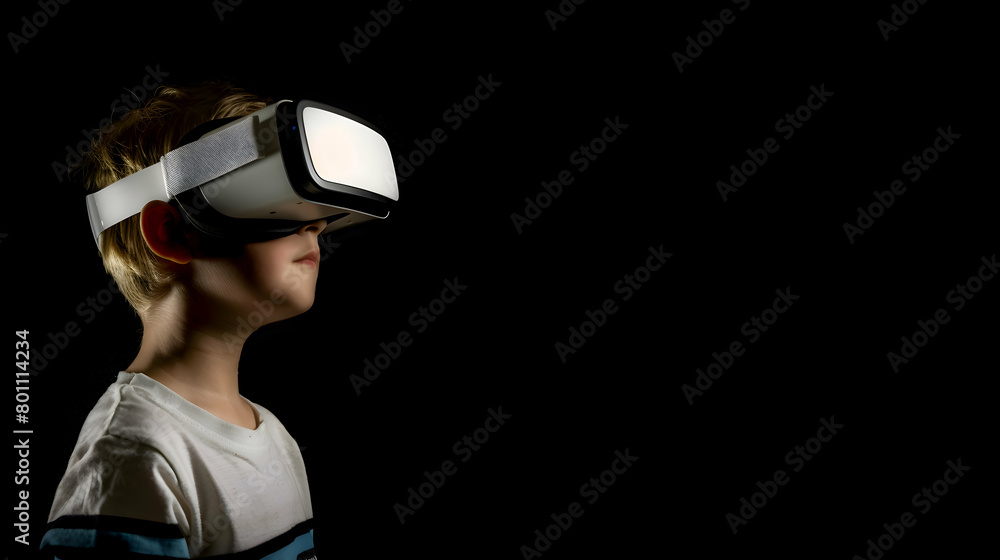 Young boy wearing virtual reality (VR) goggles. Black background. Copy space. Young boy wearing virtual reality (VR) goggles. Black background. Copy space.