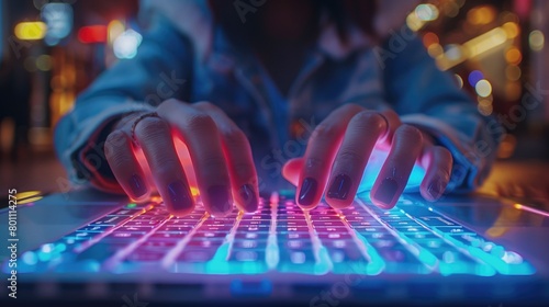 hands working on laptop, neon colors