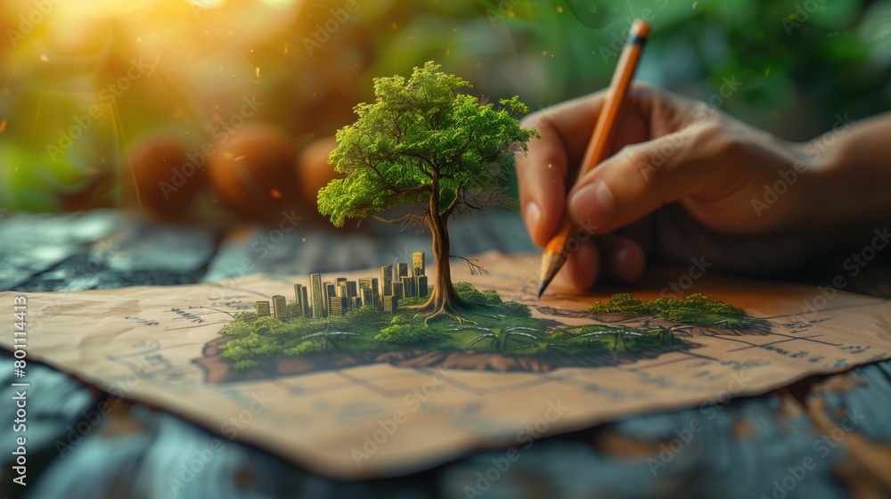 Person, hands sketching a sustainable green city concept with eco friendly buildings and a tree on paper Person, hands sketching a sustainable green city concept with eco friendly buildings and a tree on paper