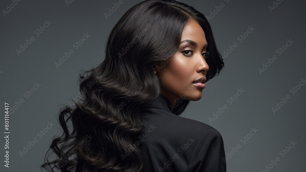 Woman with long, dark, wavy hair looks over shoulder. Individual's face turned towards camera with neutral expression. Person wearing black jacket, has flawless skin, subtle makeup. Woman with long, dark, wavy hair looks over shoulder. Individual's face turned towards camera with neutral expression. Person wearing black jacket, has flawless skin, subtle makeup.