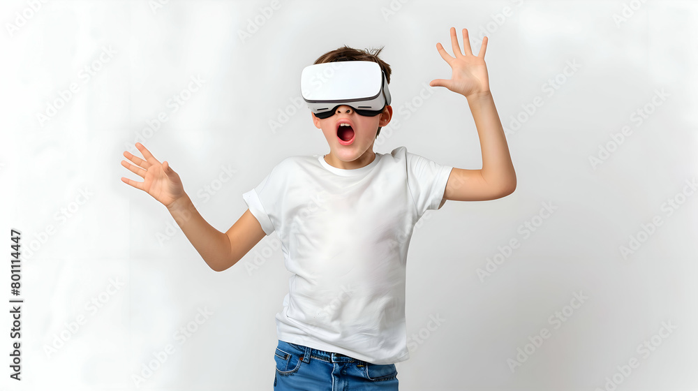 Young boy wearing virtual reality (VR) goggles. Light background. Copy space.