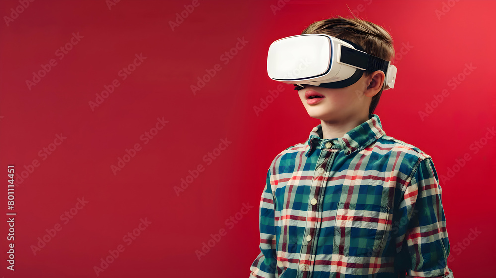 Young boy wearing virtual reality (VR) goggles. Red background. Copy space. Young boy wearing virtual reality (VR) goggles. Red background. Copy space.