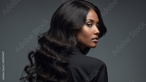 Woman with long, dark, wavy hair looks over shoulder. Individual's face turned towards camera with neutral expression. Person wearing black jacket, has flawless skin, subtle makeup.