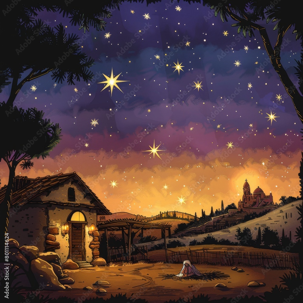 Naklejka premium landscape with house and sunset