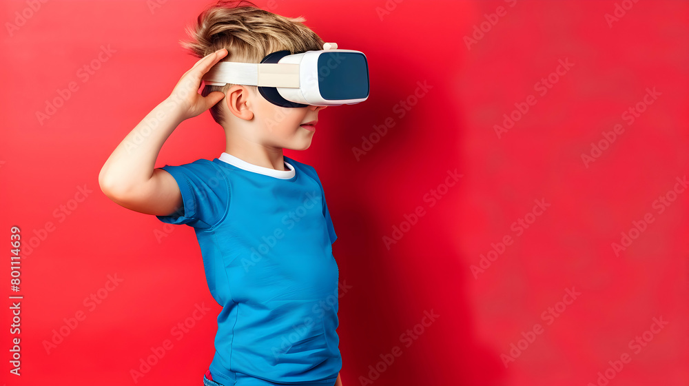 Young boy wearing virtual reality (VR) goggles. Red background. Copy space. Young boy wearing virtual reality (VR) goggles. Red background. Copy space.