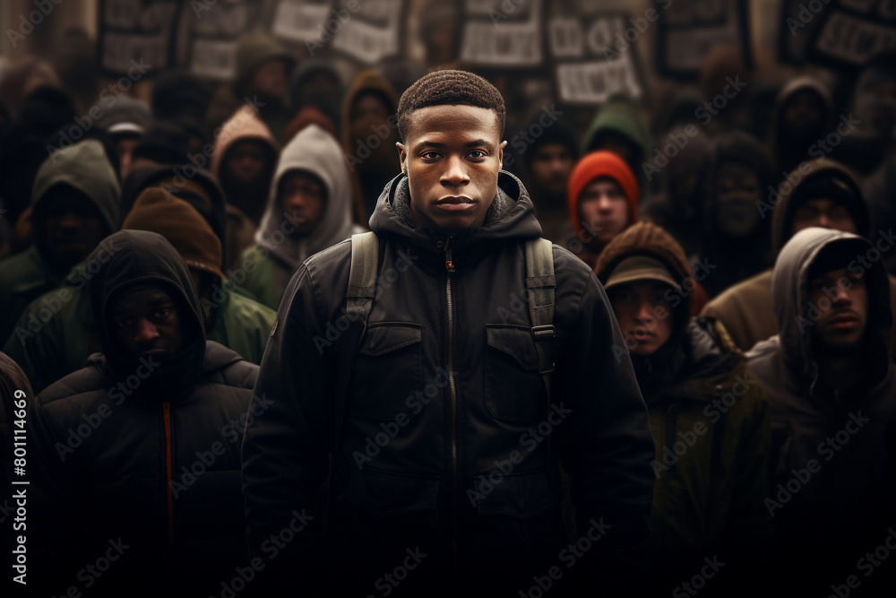 Young black man stands out in a focused stance among a sea of protesters