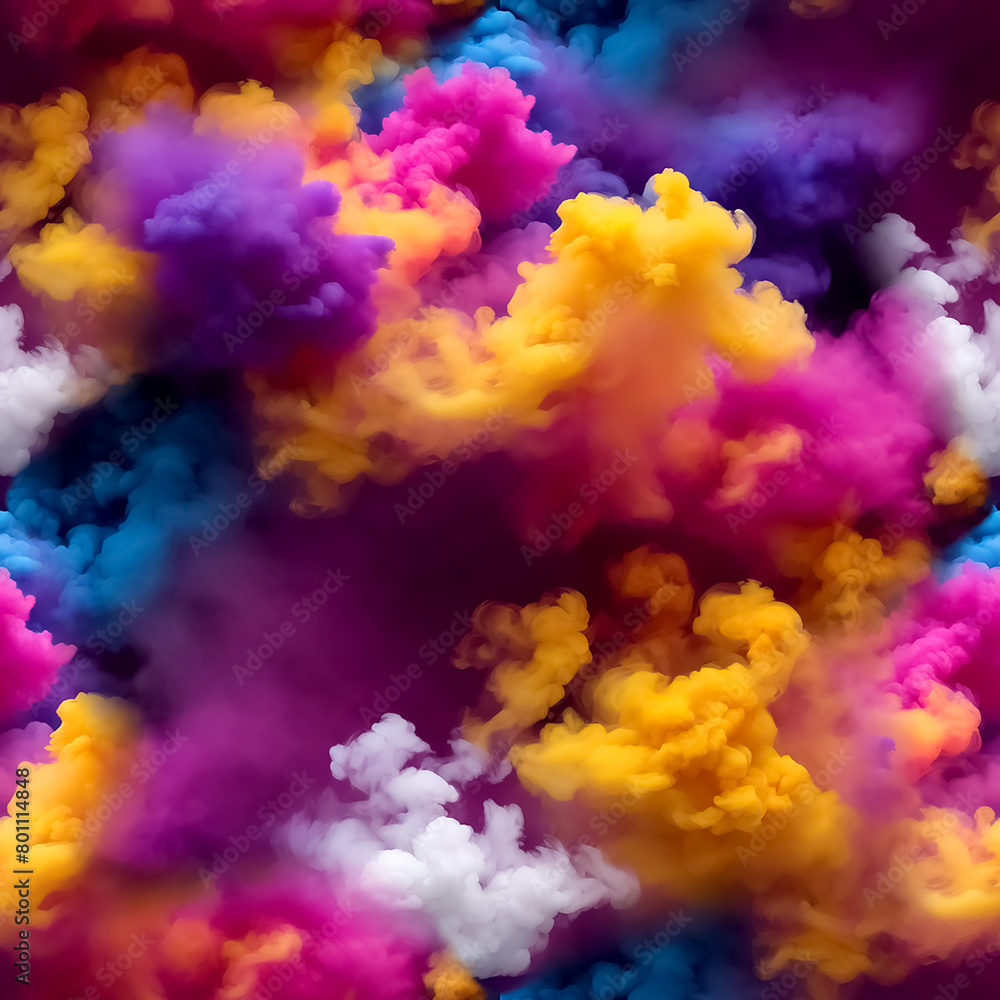 Seamless pattern with texture of pink, yellow, blue, white smoke, fog, clouds