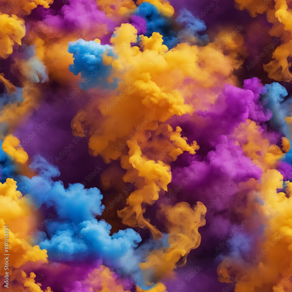 Seamless pattern with texture of pink, yellow, blue, white smoke, fog, clouds