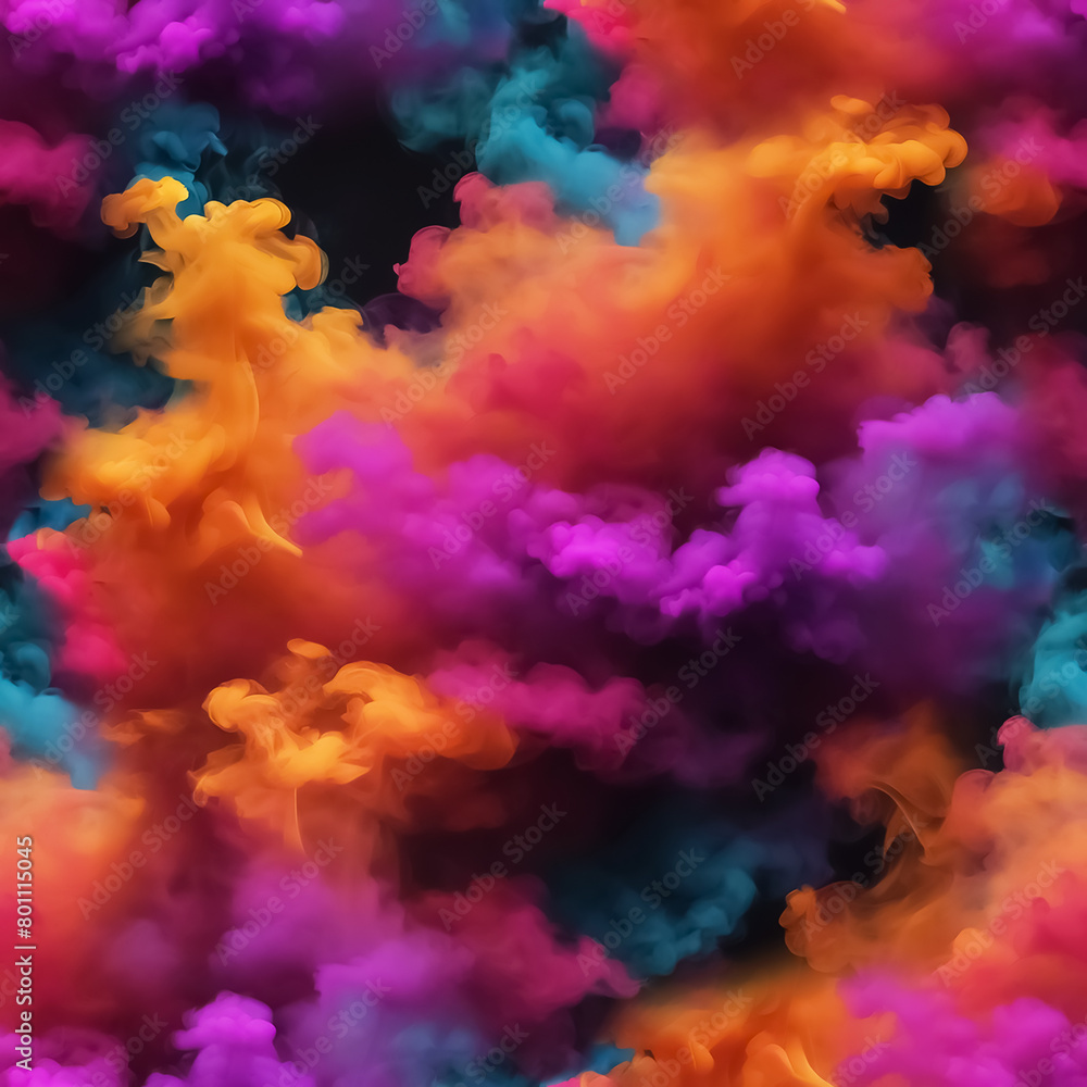 Seamless pattern with texture of pink, blue, orange smoke, fog, clouds