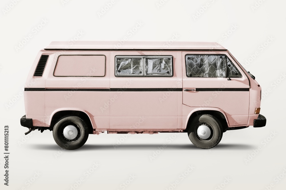 Pastel pink retro van, classic vehicle for camping