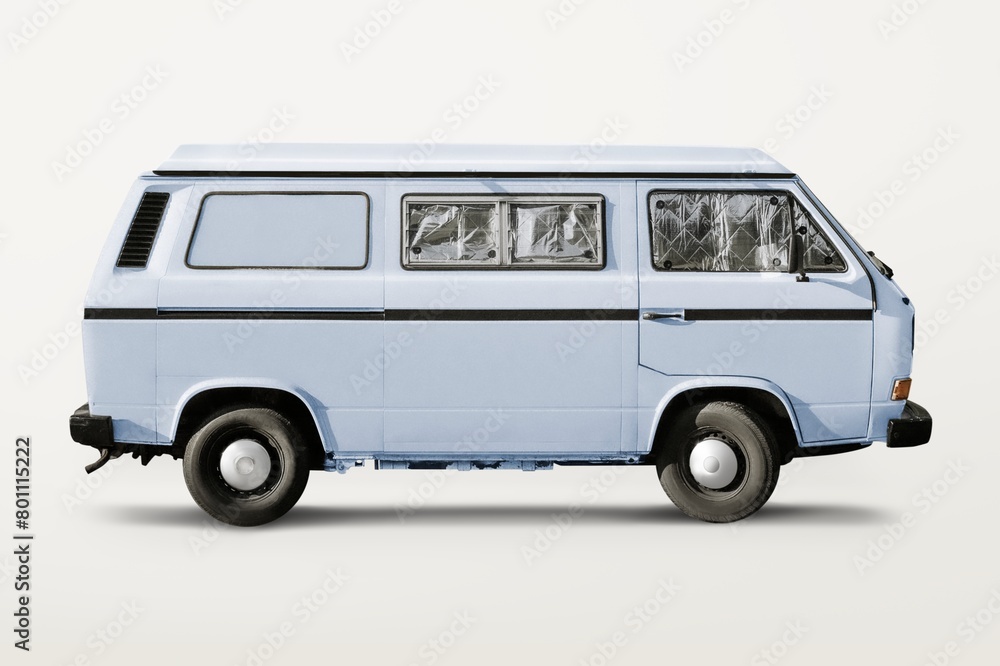Pastel blue retro van, classic car for camping