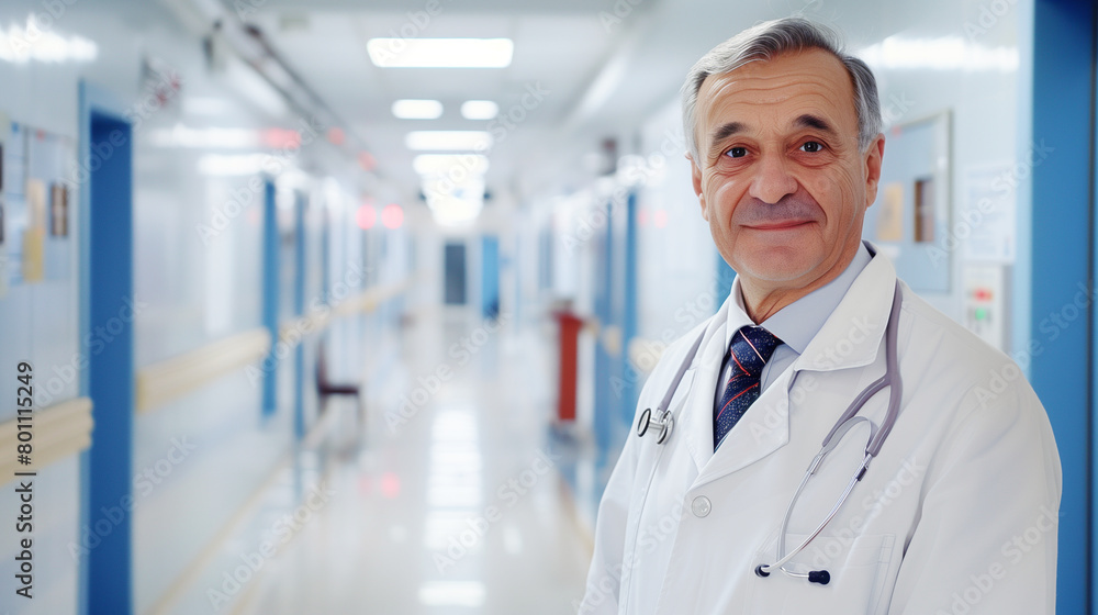 A Caucasian man, a 50-year-old gray hair doctor, looks at the camera and smiles against the background of a bright corridor of a modern hospital A Caucasian man, a 50-year-old gray hair doctor, looks at the camera and smiles against the background of a bright corridor of a modern hospital