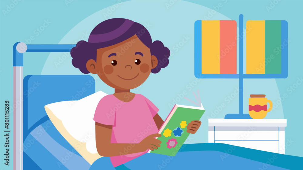 A young child sitting in a hospital bed completely at ease with a coloring book in her hands as she focuses her mind on creativity and joy amidst her. A young child sitting in a hospital bed completely at ease with a coloring book in her hands as she focuses her mind on creativity and joy amidst her.