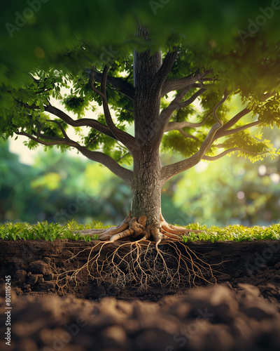 Detailed view of a sturdy tree and its intricate roots in a forest setting