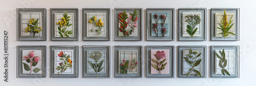 A grid of square metal frames holding pressed botanical specimens, arranged symmetrically on a white wall, bringing the beauty of nature indoors photo