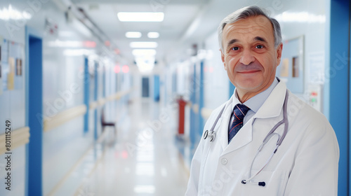 A Caucasian man  a 50-year-old gray hair doctor  looks at the camera and smiles against the background of a bright corridor of a modern hospital
