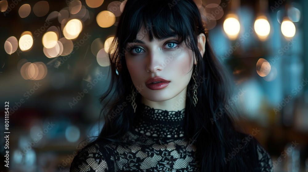 黒いドレスを着たクールビューティーなファッションモデルの女性 黒いドレスを着たクールビューティーなファッションモデルの女性