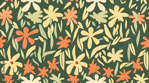 Vibrant Tropical Floral Pattern with Yellow and Orange Flowers on Green Foliage Background
