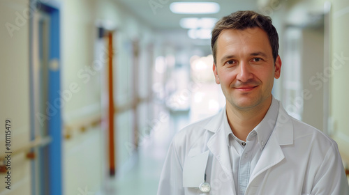  male doctor of model appearance, 35 years old, against the background of a bright hospital corridor, looks at the camera 