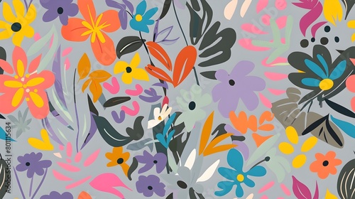 Vibrant Floral Botanical Pattern with Colorful Blooming Flowers and Leaves in Abstract Design