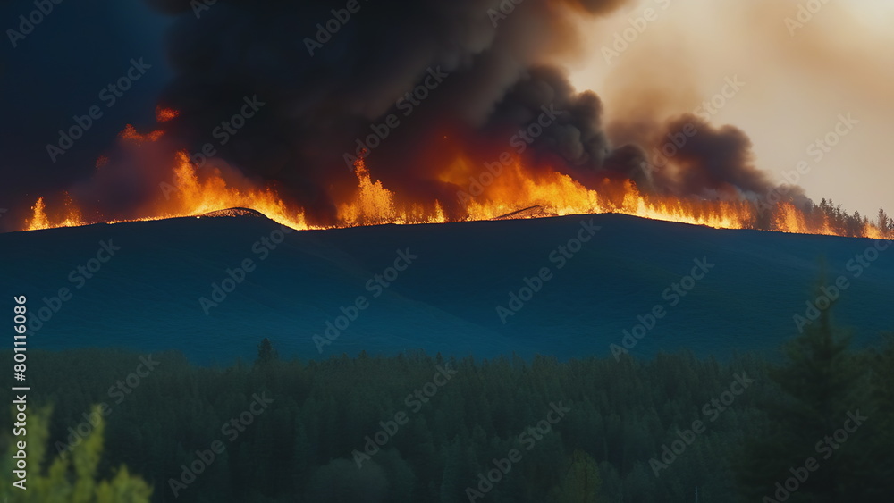 Burning forest on the horizon on a hill Burning forest on the horizon on a hill