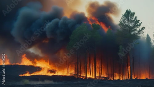 Forest fire on a hilly area in the forest