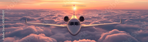 A stunning view of a private jet soaring above a sea of clouds under the warm glow of a sunset, symbolizing luxury and freedom in air travel.
Private Jet Flying Above Clouds at Sunset
 photo