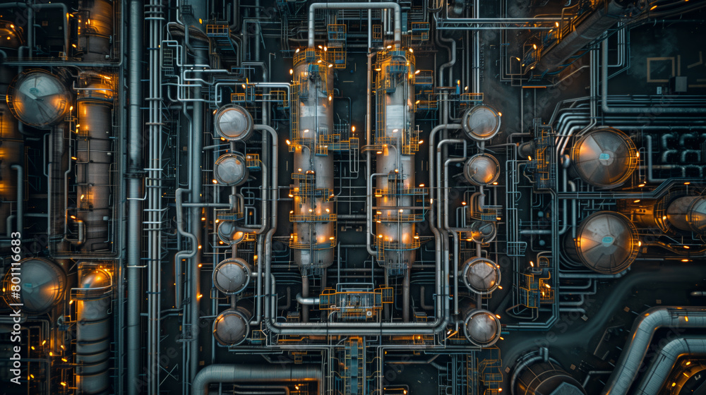 An intricate aerial shot of a chemical plant glowing with lights at night, showcasing the complexity of its pipelines and equipment. An intricate aerial shot of a chemical plant glowing with lights at night, showcasing the complexity of its pipelines and equipment.