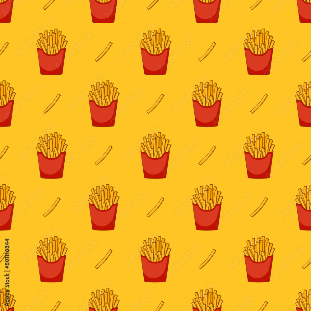 Seamless pattern with cartoon french fries in red paper pack on yellow background. Vector flat backdrop Seamless pattern with cartoon french fries in red paper pack on yellow background. Vector flat backdrop