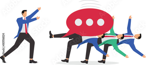 Communication and stress, leader's speech bubble pushes down a row of businessmen