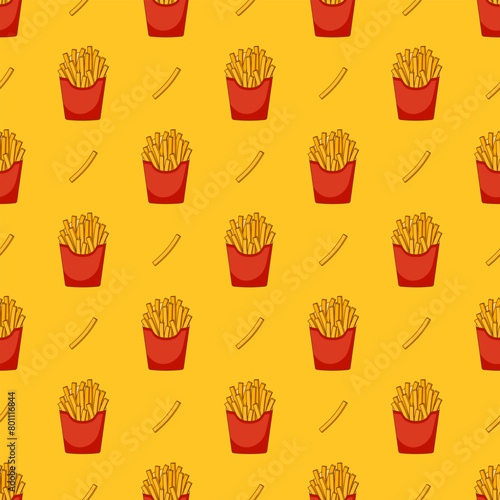 Seamless pattern with cartoon french fries in red paper pack on yellow background. Vector flat backdrop © OWLISKO DESIGN