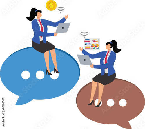 Two businesswomen sitting on a speech bubble communicating
