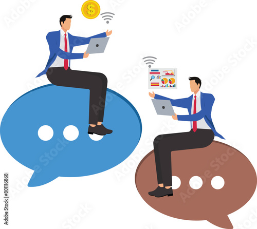 Two businessmen sitting on a speech bubble communicating