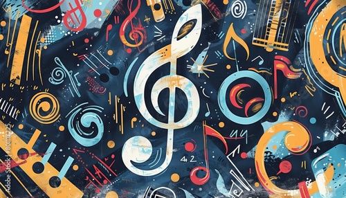 Generate an artistic interpretation of a musical symbol note surrounded by various symbols and motifs symbolizing different genres and styles of music