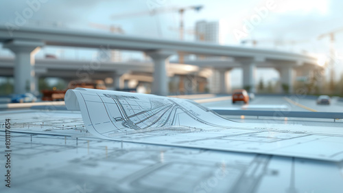 A construction draft on the background of a multi-level road, an image of the construction of a transport interchange